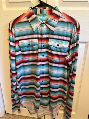 Cowgirl Tuff Teal and Red Serape-Stripe Button Down Shirt